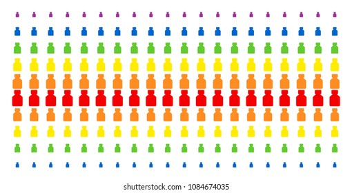 Bottle icon spectral halftone pattern. Vector symbols arranged into halftone array with vertical spectral gradient. Constructed for backgrounds, covers, templates and abstract concepts.