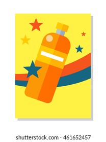 Bottle icon symball. Colorful plastic bottle with label. Bottle of juice, mineral water. Retail store element. For advertisements, banners, posters. Bottle of juice. Isolated vector illustration