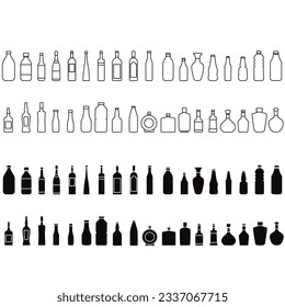 Conjunto de vectores de icono de botella. Botella para la colección de señales de ilustraciones de agua. Frasco de símbolo o logotipo de alcohol.