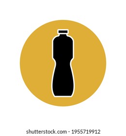 Bottle icon in a yellow circle. A plastic bottle or glass jar with a lid. Water, milk, or lemonade. Custom button in the app interface. Vector graphics.