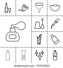 Bottle icons. set of 13 editable outline bottle icons such as oil, pipette, nail polish, cream tube, clean, liquid soap, soda, wine glass and bottle, baby toy, perfume
