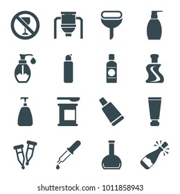 Bottle icons. set of 16 editable filled bottle icons such as cream tube, soap, protein powder, pipette, tank, cleanser, filter, opened champagne
