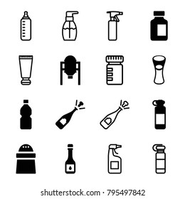 Bottle icons. set of 16 editable filled and outline bottle icons such as tank, opened champagne, pepper, milk glass, cream tube, cleanser