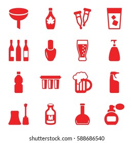 bottle icons set. Set of 16 bottle filled icons such as perfume, nail polish, soap, cleanser, drink, maple syrup, milk, pipette, bottle, wine glass, beer mug, soda