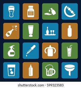 bottle icons set. Set of 16 bottle filled icons such as baby toy, pipette, cream tube, liquid soap, drink, soda, medicine, beer mug, champagne