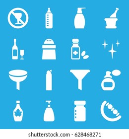 Bottle icons set. set of 16 bottle filled icons such as baby toy, perfume, soap, clean, cleanser, pepper, maple syrup, no alcohol, champagne
