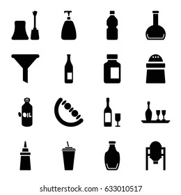 Bottle icons set. set of 16 bottle filled icons such as oil, tank, baby toy, soap, nail polish, ketchup, pepper, drink
