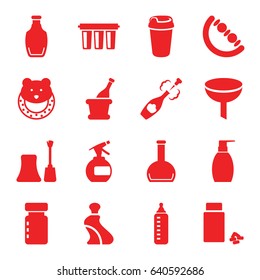Bottle icons set. set of 16 bottle filled icons such as baby toy, nail polish, cream tube, drink, medicine, champagne