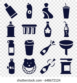 Bottle icons set. set of 16 bottle filled icons such as oil, baby toy, cream tube, spray paint, opened champagne, drink, maple syrup, champagne, filter