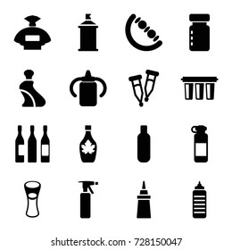 Bottle icons set. set of 16 bottle filled icons such as baby toy, perfume, cream tube, spray paint, ketchup, maple syrup, milk glass, pipette, wine glass