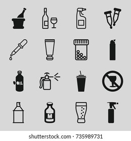 Bottle icons set. set of 16 bottle filled and outline icons such as oil, cleanser, drink, no alcohol, milk, pipette, champagne, cream tube, spray paint