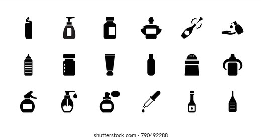 Bottle icons. set of 18 editable filled bottle icons: perfume, cream tube, cleanser, liquid soap, pepper, soap, champagne, oil
