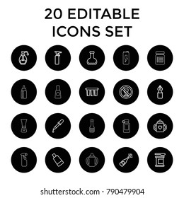 Bottle icons. set of 20 editable outline bottle icons such as pipette, cream tube, opened champagne, protein powder, no alcohol. best quality bottle elements in trendy style.