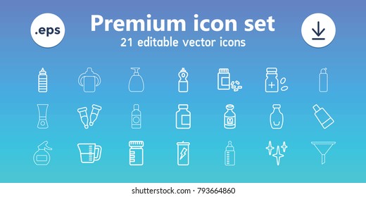 Bottle icons. set of 21 editable outline bottle icons includes cream tube, clean, protein powder, medicine, milk, pipette, decanted, soap, nail polish, cleanser