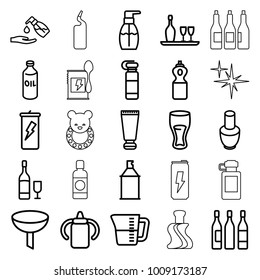 Bottle icons. set of 25 editable outline bottle icons such as oil, cream tube, nail polish, liquid soap, spray paint, filter, drink, protein powder, wine glass, decanted