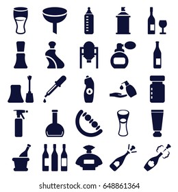 Bottle icons set. set of 25 bottle filled icons such as tank, baby toy, pipette, perfume, cream tube, nail polish, liquid soap, spray paint, opened champagne, drink