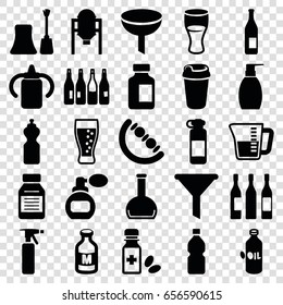 Bottle icons set. set of 25 bottle filled icons such as oil, tank, baby toy, perfume, nail polish, drink, milk, medicine, wine glass, soda, decanted