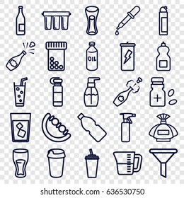 Bottle icons set. set of 25 bottle outline icons such as oil, baby toy, pipette, perfume, cleanser, drink, milk glass, soda, champagne, decanted, filter