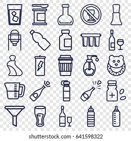 Bottle icons set. set of 25 bottle outline icons such as tank, baby toy, nail polish, cream tube, drink, no alcohol, soap, decanted, filter, opened champagne, champagne