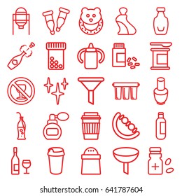 Bottle icons set. set of 25 bottle outline icons such as tank, baby toy, perfume, nail polish, cream tube, clean, drink, pepper, no alcohol, medicine, pipette, champagne