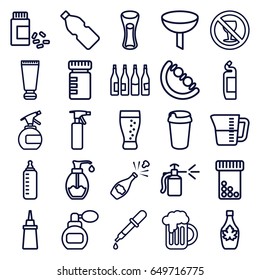 Bottle icons set. set of 25 bottle outline icons such as baby toy, pipette, perfume, cream tube, cleanser, drink, ketchup, maple syrup, milk glass, no alcohol, soap, medicine