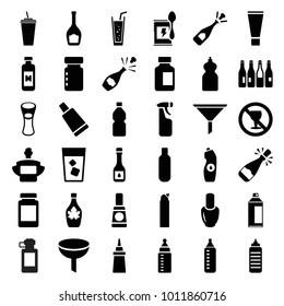 Bottle icons. set of 36 editable filled bottle icons such as nail polish, cream tube, cleanser, filter, opened champagne, drink, ketchup, maple syrup, milk glass, soda