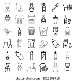 Bottle icons. set of 36 editable outline bottle icons such as tank, pipette, nail polish, cream tube, cleanser, drink, maple syrup, protein powder, medicine, beer mug, soda