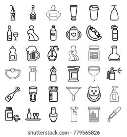 Bottle icons. set of 36 editable outline bottle icons such as oil, baby toy, cream tube, nail polish, soap, cleanser, opened champagne, drink, protein powder, medicine