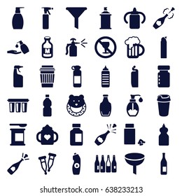Bottle icons set. set of 36 bottle filled icons such as baby toy, cleanser, liquid soap, spray paint, opened champagne, drink, no alcohol, soap, medicine, milk, pipette