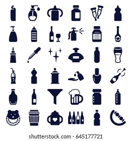 Bottle icons set. set of 36 bottle filled icons such as baby toy, pipette, nail polish, perfume, soap, clean, cleanser, liquid soap, spray paint, drink, ketchup, medicine