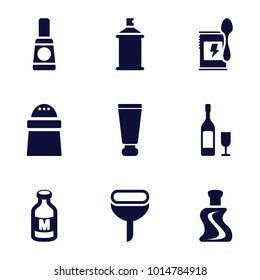 Bottle icons. set of 9 editable filled bottle icons such as cream tube, spray paint, pepper, milk, wine glass and bottle, filter