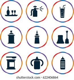 Bottle icons set. set of 9 bottle filled icons such as nail polish, spray paint, ketchup, soda