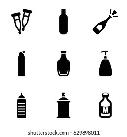 Bottle icons set. set of 9 bottle filled icons such as soap, cleanser, spray paint, opened champagne, milk