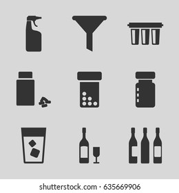 Bottle icons set. set of 9 bottle filled icons such as cleanser, drink, medicine, wine glass