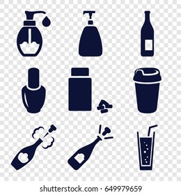 Bottle icons set. set of 9 bottle filled icons such as nail polish, soap, opened champagne, drink, soda, medicine, champagne