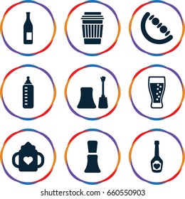Bottle icons set. set of 9 bottle filled icons such as baby toy, nail polish, drink