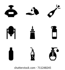 Bottle icons set. set of 9 bottle filled icons such as tank, perfume, liquid soap, opened champagne, ketchup