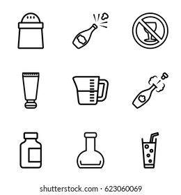 Bottle icons set. set of 9 bottle outline icons such as cream tube, pepper, soda, no alcohol, champagne