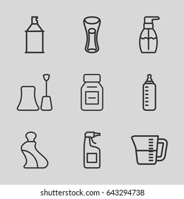 Bottle icons set. set of 9 bottle outline icons such as nail polish, cream tube, cleanser, spray paint, milk glass, medicine