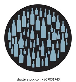 Bottle icons set in black circle . Bottle alcohol vector illustration for design and web isolated on black background. Bottle vector object for labels, logos and advertising