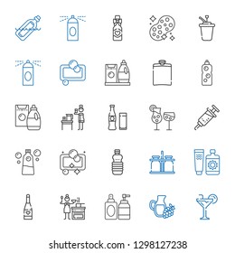 bottle icons set. Collection of bottle with cocktail, wine, perfume, sauce, champagne, sun cream, milk jar, oils, soap, detergent, vaccine. Editable and scalable bottle icons.