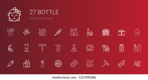 bottle icons set. Collection of bottle with corkscrew, soap, sponge, bottle cap, whipped cream, milk, vaccine, sauce, potion, spray, window cleaner. Editable and scalable icons.