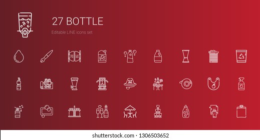 bottle icons set. Collection of bottle with detergent, champagne, picnic, milk jar, soap, scotch, sauce, pirate, gym, beer, jigger, mouthwash. Editable and scalable bottle icons.