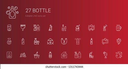 bottle icons set. Collection of bottle with detergent, spray, housekeeping, oils, champagne, soap, bib, picnic, wine, potion, sponge, juice. Editable and scalable bottle icons.