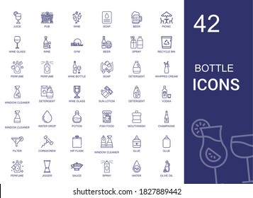 bottle icons set. Collection of bottle with juice, pub, wine, soap, beer, picnic, wine glass, gym, spray, recycle bin, perfume, wine bottle. Editable and scalable bottle icons.