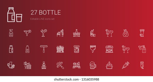 bottle icons set. Collection of bottle with laundry, beer, window cleaner, champagne, sauce, wine, bar, filter, fish food, pub, detergent. Editable and scalable bottle icons.