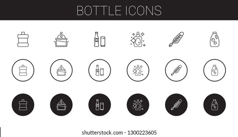 bottle icons set. Collection of bottle with mouthwash, laundry, beverage, perfume, quill, detergent. Editable and scalable bottle icons.