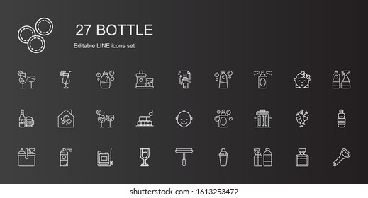bottle icons set. Collection of bottle with spray, shaker, window cleaner, wine glass, sprayer, paint spray, cleaning, recycle bin, perfume. Editable and scalable bottle icons.