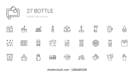 bottle icons set. Collection of bottle with sun lotion, soap, scotch, chest, milk, laundry, recycle bin, bottle cap, makeup remover wipes. Editable and scalable icons.