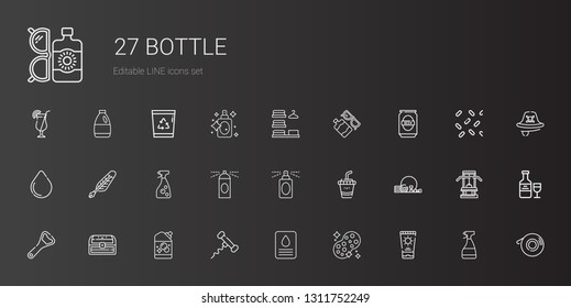 bottle icons set. Collection of bottle with sun cream, sponge, soap, corkscrew, detergent, chest, bottle opener, gym, drink, perfume, hairspray. Editable and scalable icons.